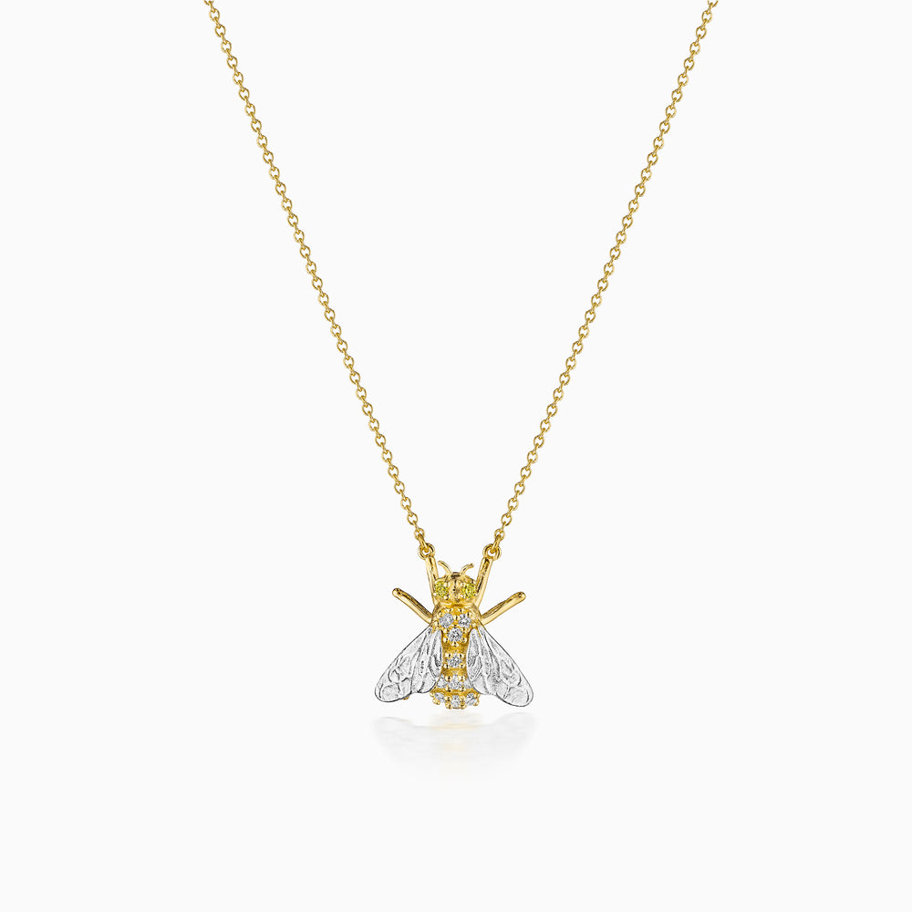 18k Gold & Platinum Bee Necklace With White & Yellow Diamonds
