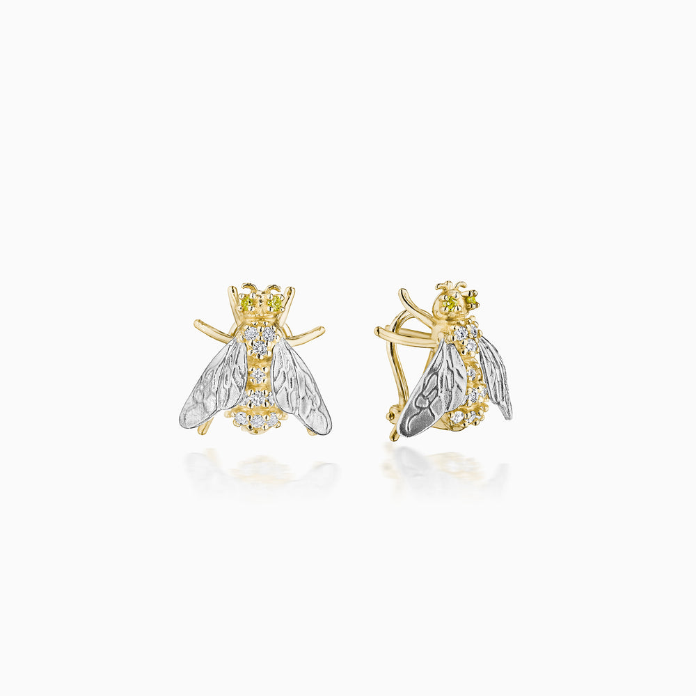 18k Gold & Platinum Bee Earrings With White & Yellow Diamonds