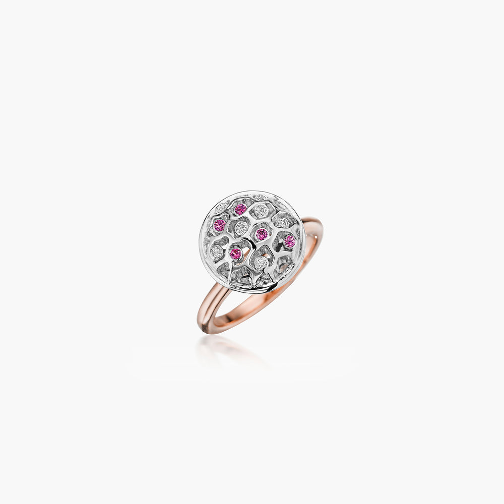 Diamonds & Pink Sapphire Honeycomb Dome Ring In Platinum & Rose Gold