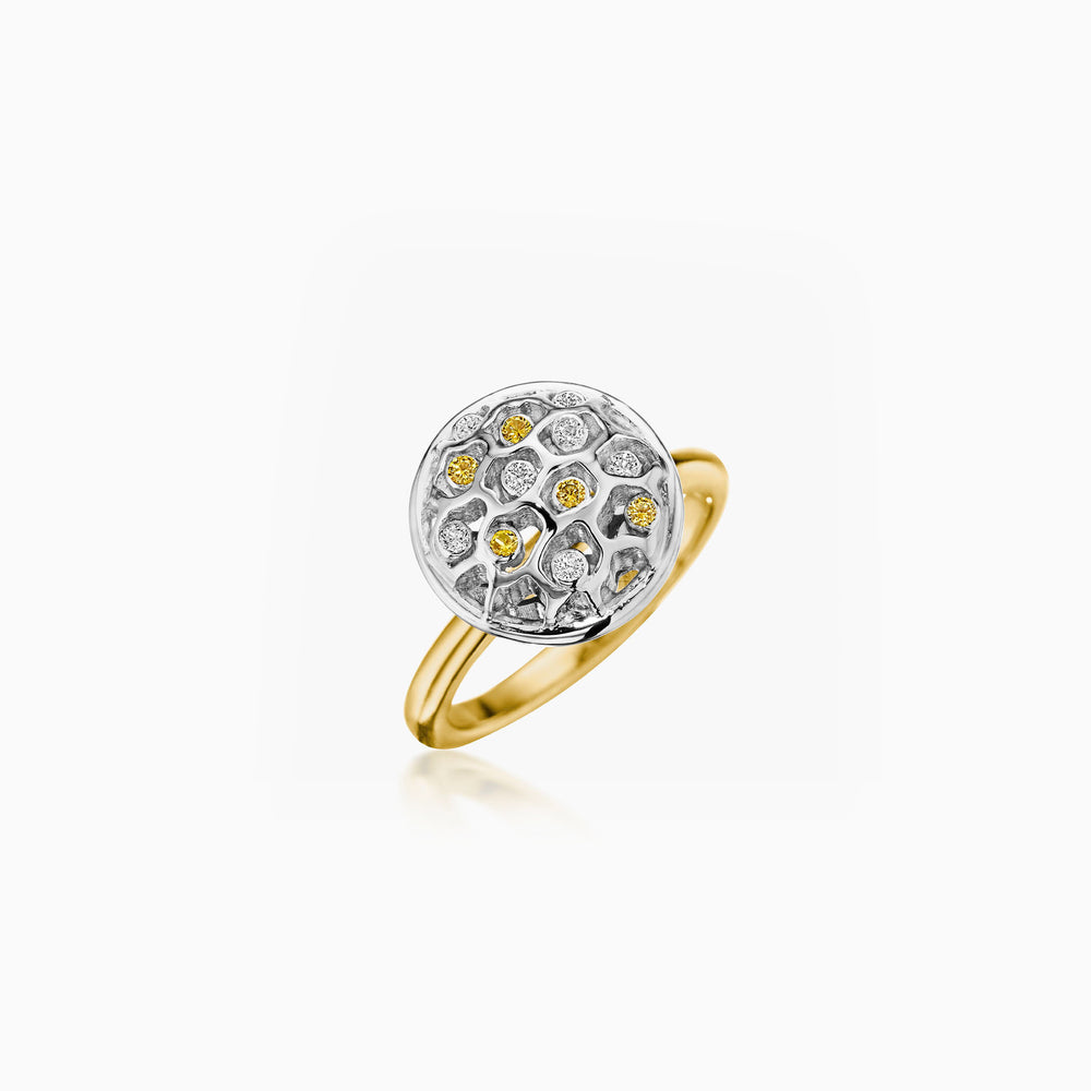 Diamonds Yellow & White Honeycomb Dome Ring In Platinum & Gold