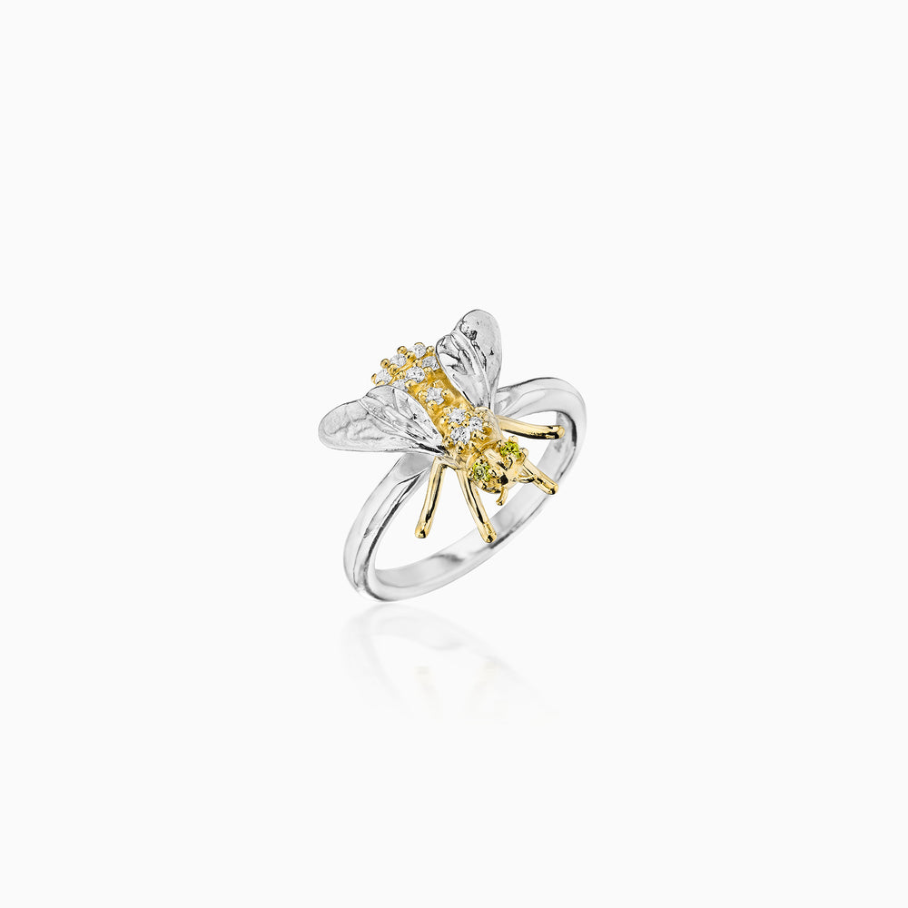 18k Gold & Platinum Bee Ring With White & Yellow Diamonds