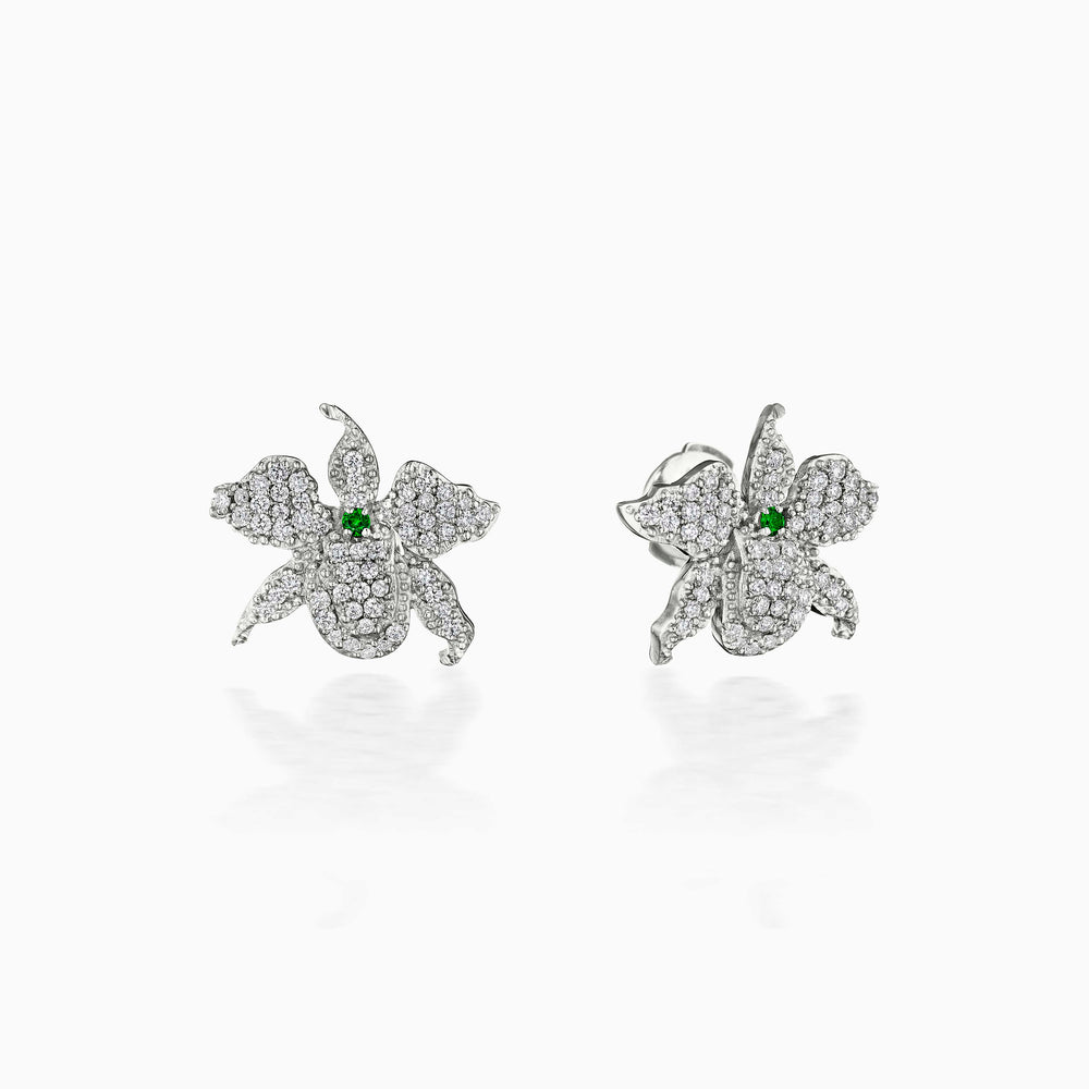 Emerald Center Pavé Diamond Petals Orchid Earrings In White Gold