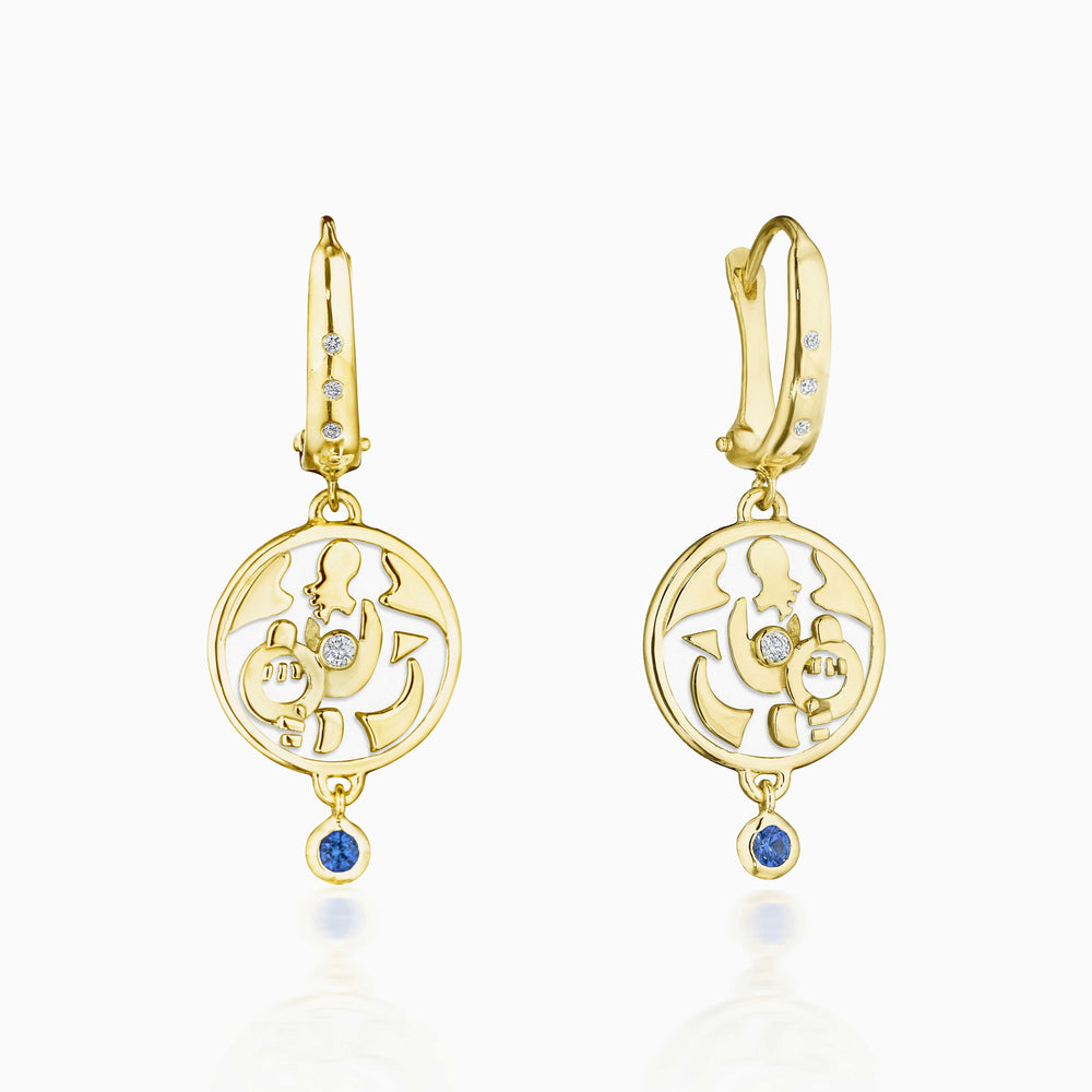 Diamond Center Onilu Earrings with White Enamel and Sapphires In Gold