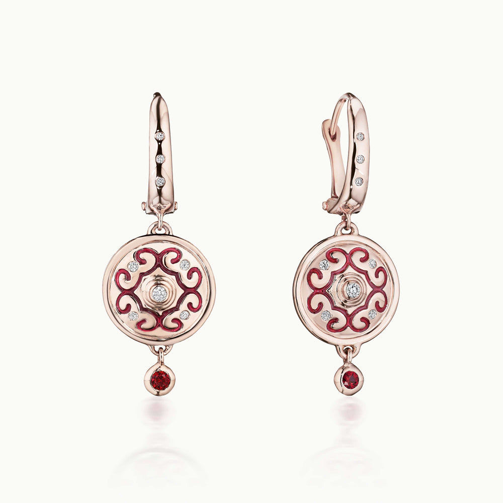 Diamond Center Rhythm Earrings with Red Enamel and Rubies In Gold
