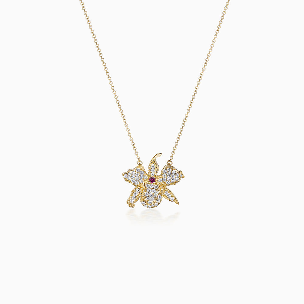 Ruby Center Pavé Diamond Petals Orchid Necklace In Gold