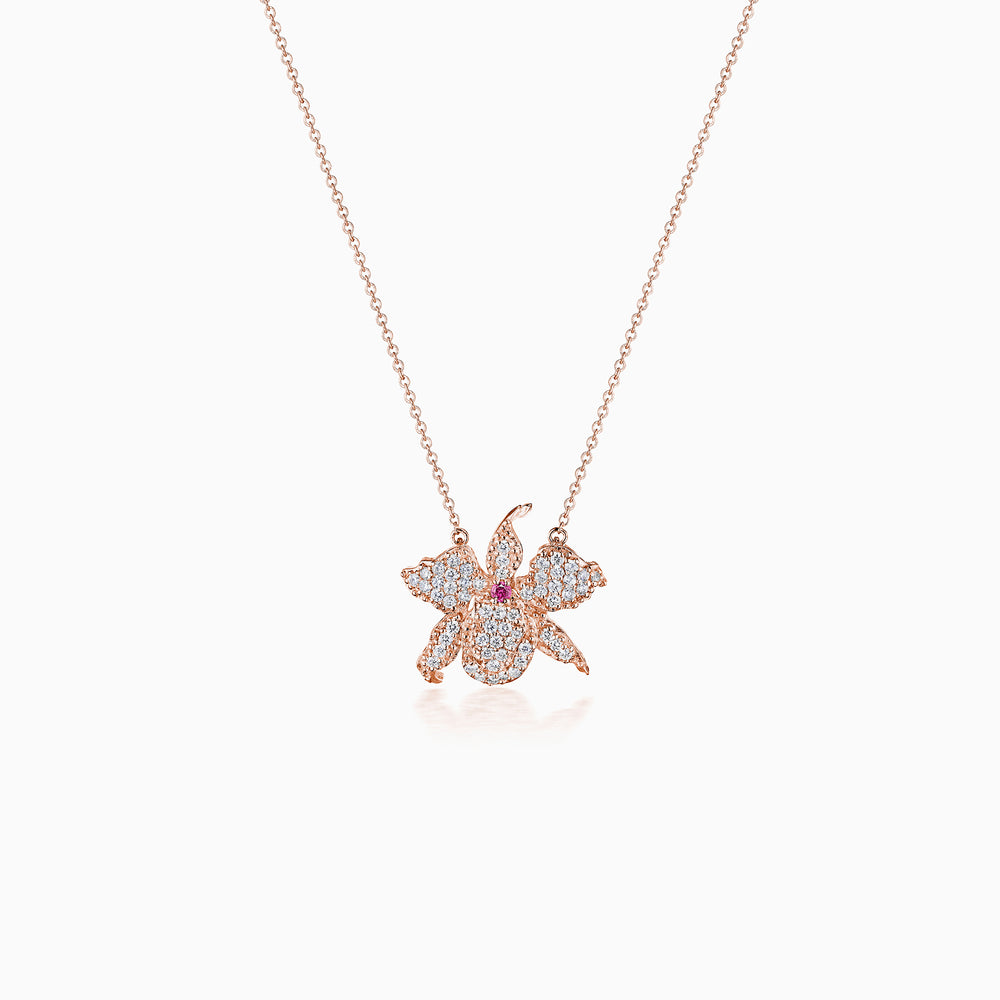 Pink Sapphire Center Pavé Diamond Petals Orchid Necklace In Rose Gold