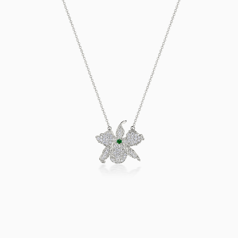 Emerald Center Pavé Diamond Petals Orchid Necklace In White Gold