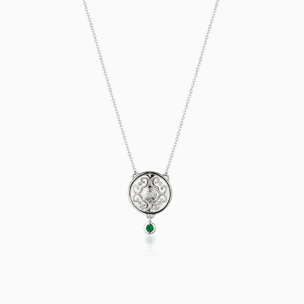 Diamond Center Rhythm Necklace with Emerald In White Gold