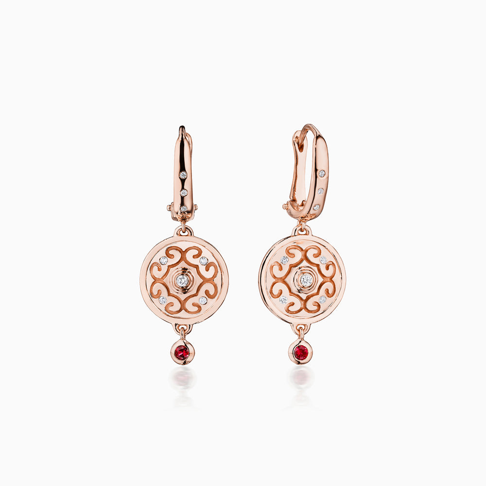 Diamond Center Rhythm Earrings with Rubies In Rose Gold