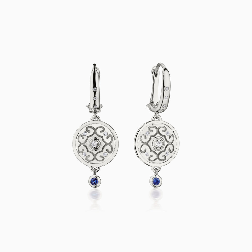Diamond Center Rhythm Earrings with Sapphires In White Gold