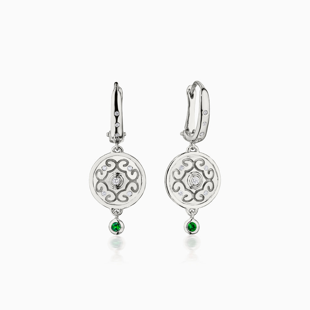Diamond Center Rhythm Earrings with Emeralds In White Gold