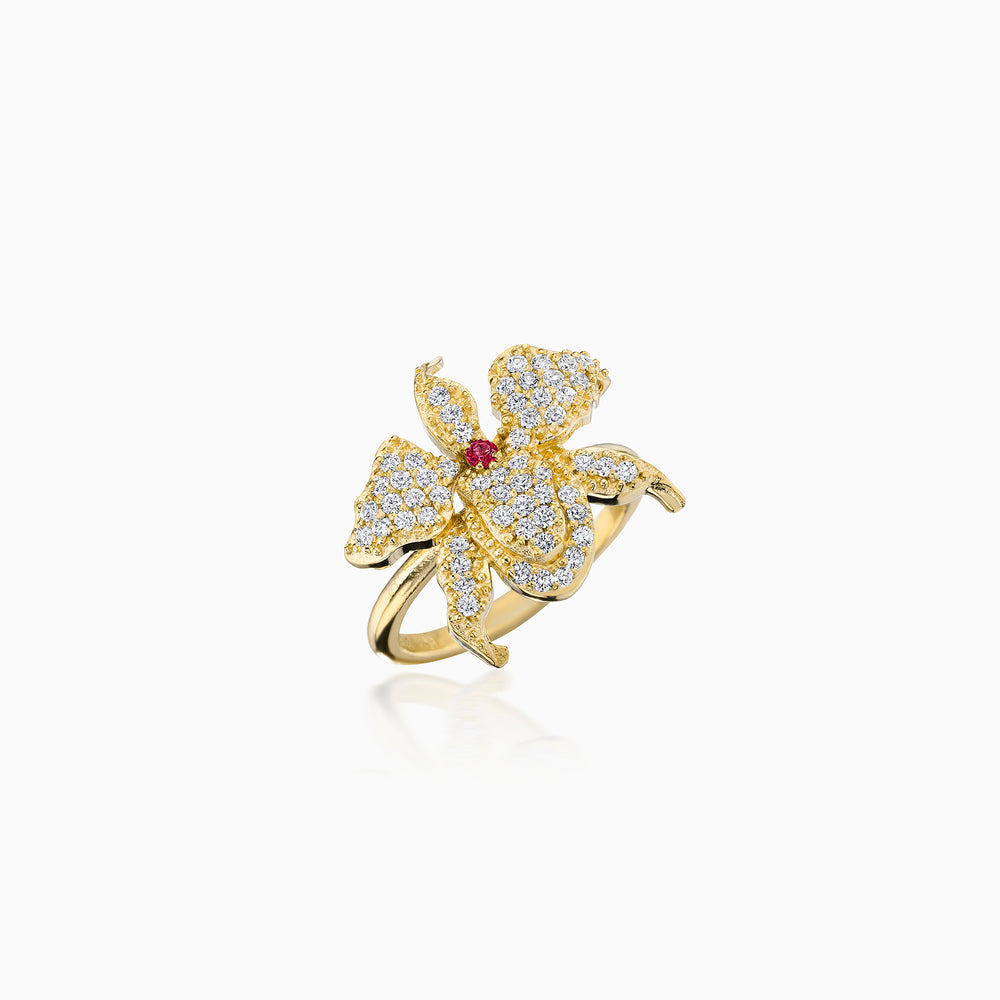 Ruby Center Pavé Diamond Petals Orchid Ring In Gold
