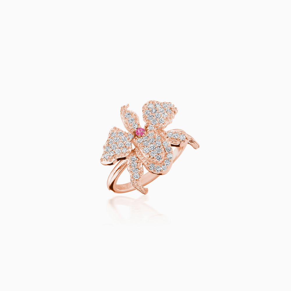 Pink Sapphire Center Pavé Diamond Petals Orchid Ring In Rose Gold