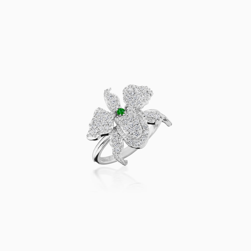 Emerald Center Pavé Diamond Petals Orchid Ring In White Gold
