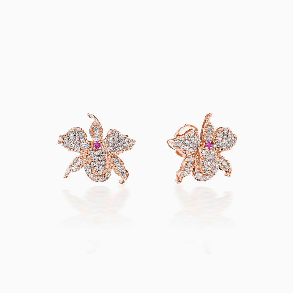 Pink Sapphires Center Pavé Diamond Petals Orchid Earrings In Rose Gold