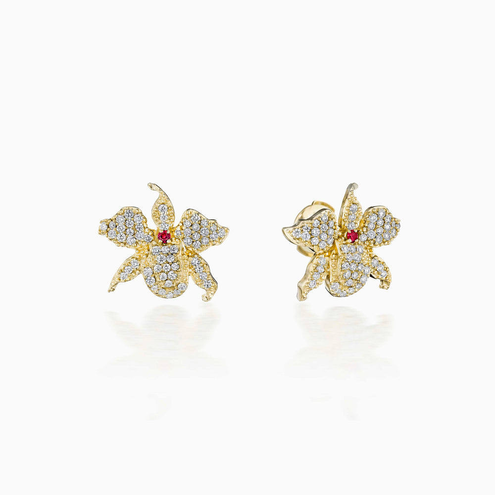 Ruby Center Pavé Diamond Petals Orchid Earrings In Gold