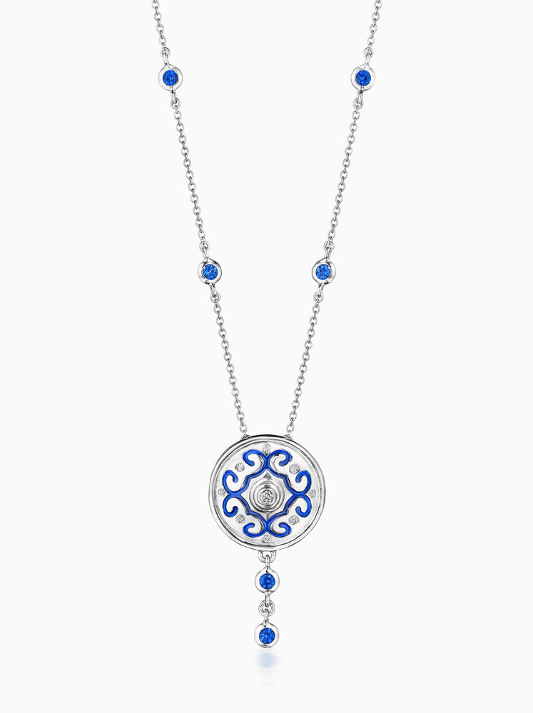 Diamond Center Rhythm Necklace with Blue Enamel and Sapphires In White Gold