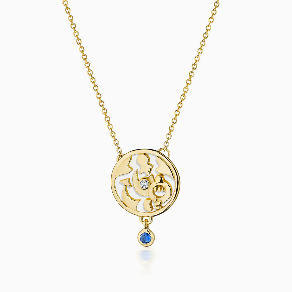 Diamond Center Onilu Necklace with White Enamel and Sapphire In Gold