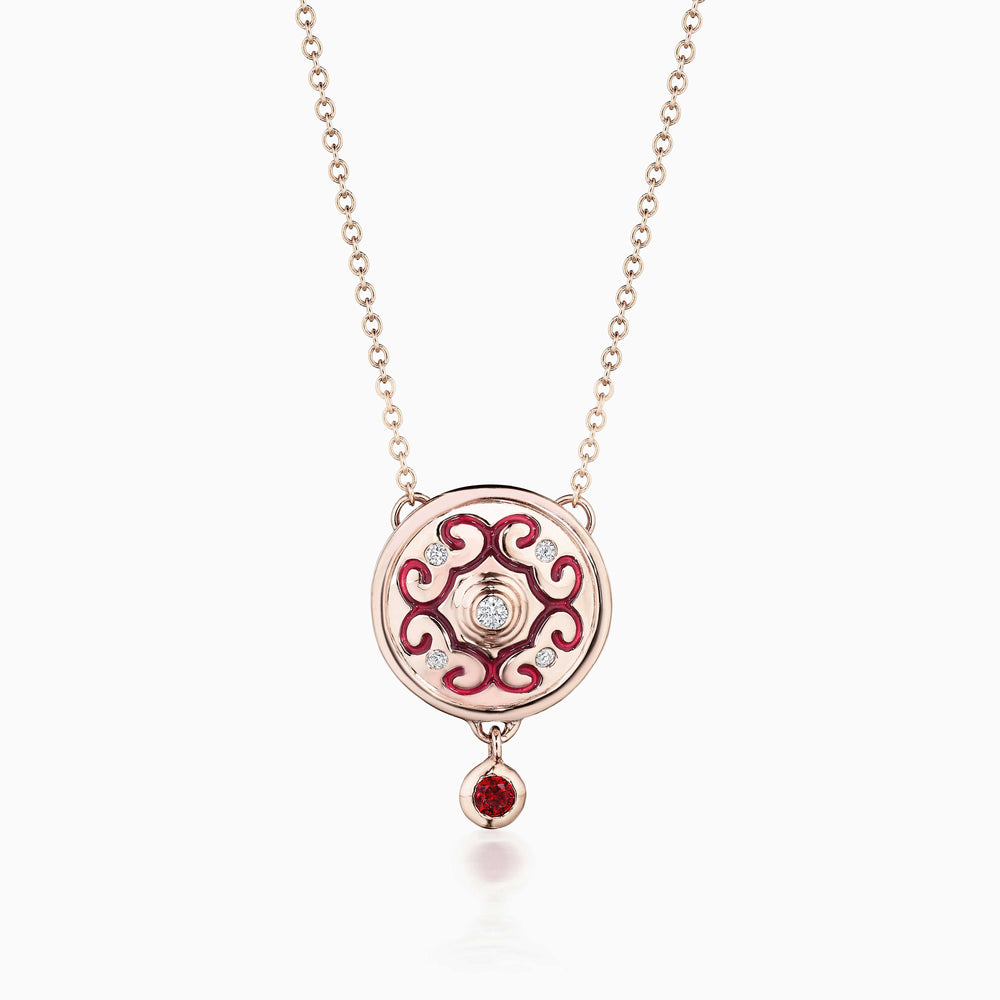 Diamond Center Rhythm Necklace with Red Enamel and Ruby In Gold